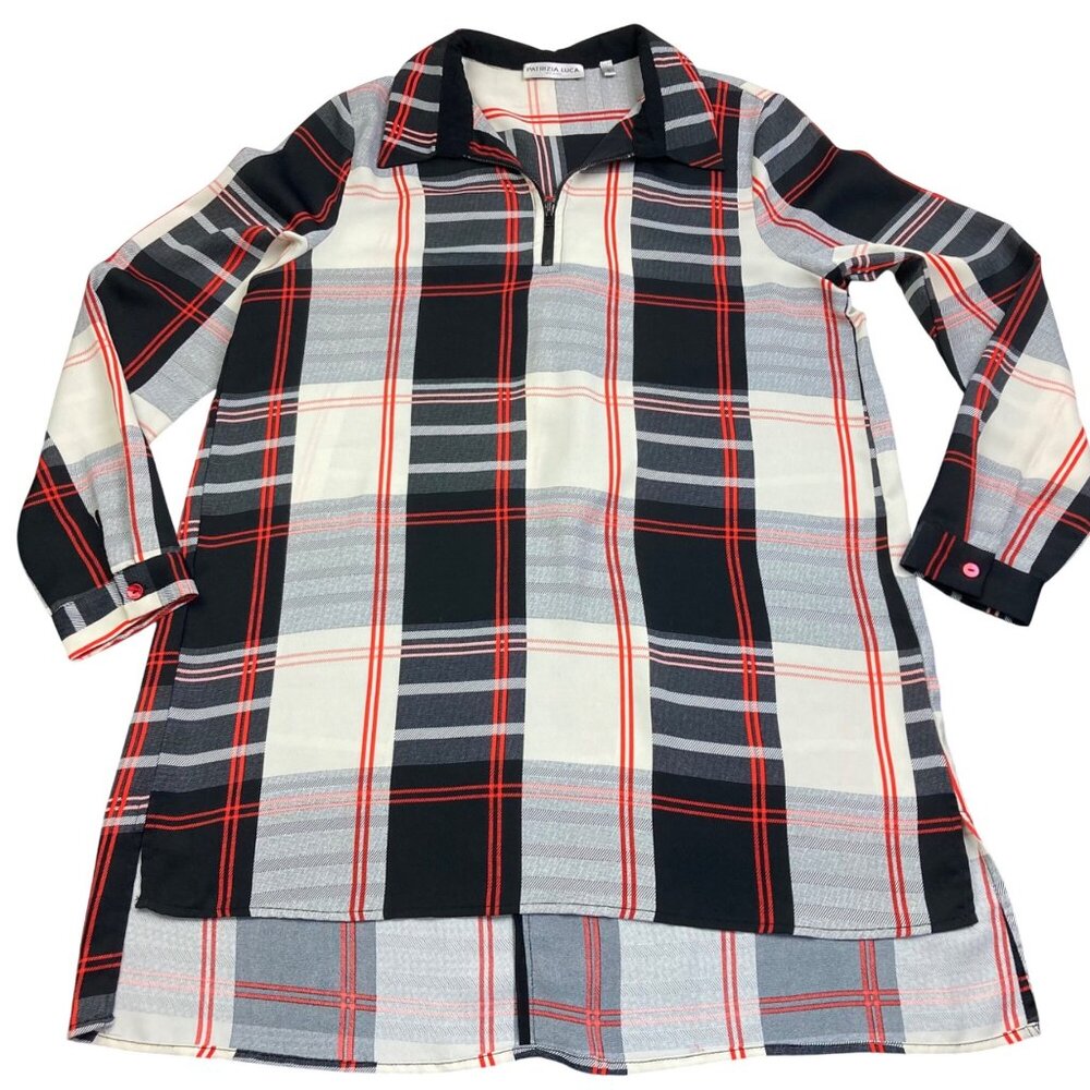 Patrizia Luca Black & Red Plaid Long Sleeve Tunic Shirt Dress Zip Collar Size S